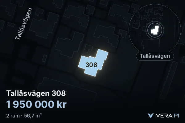 VERA PI:s bild av Tallåsvägen 308: huset i 3D, upplyst i blått, och kartan runt omkring