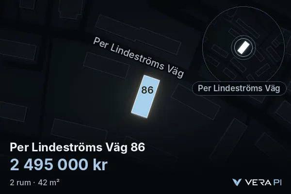 VERA PI:s bild av Per Lindeströms Väg 86: huset i 3D, upplyst i blått, och kartan runt omkring