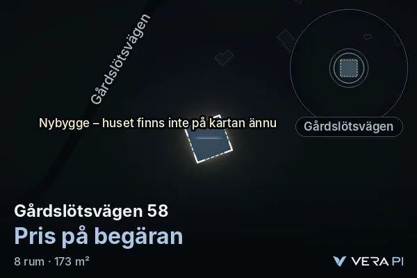 VERA PI:s bild av Gårdslötsvägen 58: huset i 3D, upplyst i blått, och kartan runt omkring