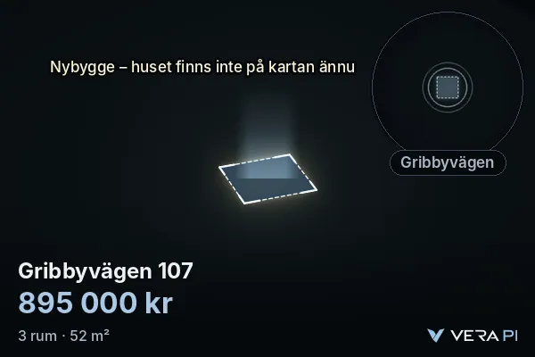 VERA PI:s bild av Gribbyvägen 107: huset i 3D, upplyst i blått, och kartan runt omkring