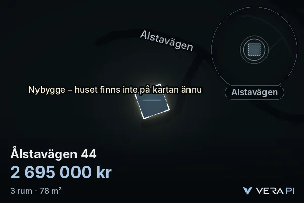 VERA PI:s bild av Ålstavägen 44: huset i 3D, upplyst i blått, och kartan runt omkring