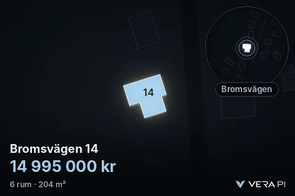 VERA PI:s bild av Bromsvägen 14: huset i 3D, upplyst i blått, och kartan runt omkring