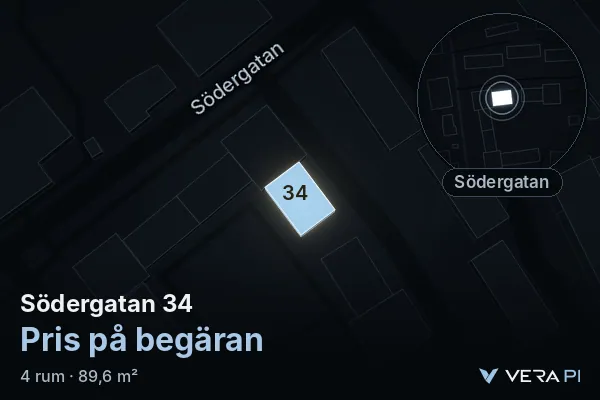 VERA PI's image of Södergatan 34: the building in 3D, lit in blue, and the map around it