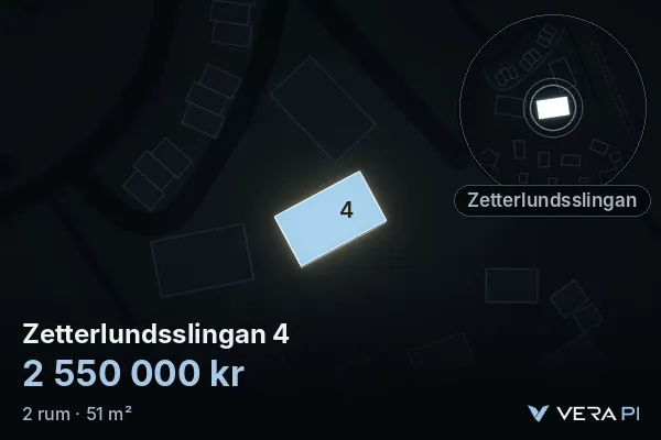 VERA PI's image of Zetterlundsslingan 4: the building in 3D, lit in blue, and the map around it