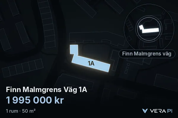 VERA PI:s bild av Finn Malmgrens Väg 1A: huset i 3D, upplyst i blått, och kartan runt omkring