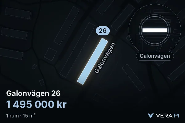 VERA PI:s bild av Galonvägen 26: huset i 3D, upplyst i blått, och kartan runt omkring