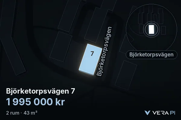 VERA PI:s bild av Björketorpsvägen 7: huset i 3D, upplyst i blått, och kartan runt omkring