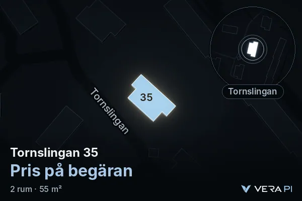 VERA PI:s bild av Tornslingan 35: huset i 3D, upplyst i blått, och kartan runt omkring