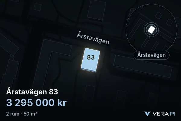 VERA PI:s bild av Årstavägen 83: huset i 3D, upplyst i blått, och kartan runt omkring
