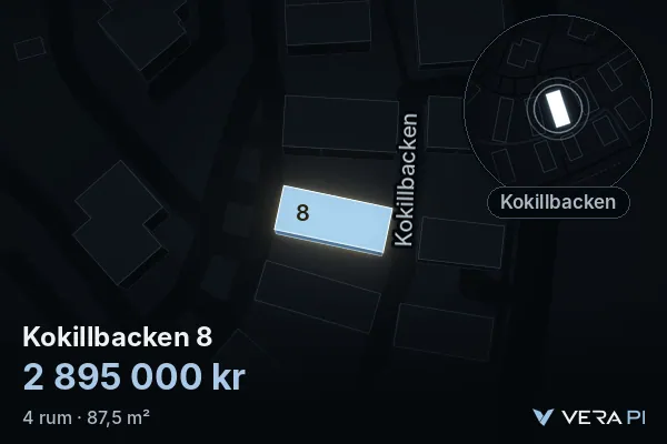 VERA PI:s bild av Kokillbacken 8: huset i 3D, upplyst i blått, och kartan runt omkring
