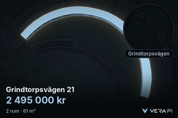 VERA PI:s bild av Grindtorpsvägen 21: huset i 3D, upplyst i blått, och kartan runt omkring