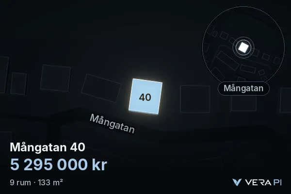 VERA PI:s bild av Mångatan 40: huset i 3D, upplyst i blått, och kartan runt omkring