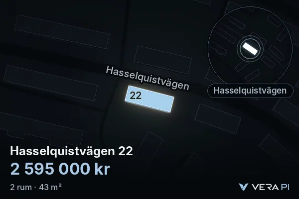 VERA PI:s bild av Hasselquistvägen 22: huset i 3D, upplyst i blått, och kartan runt omkring