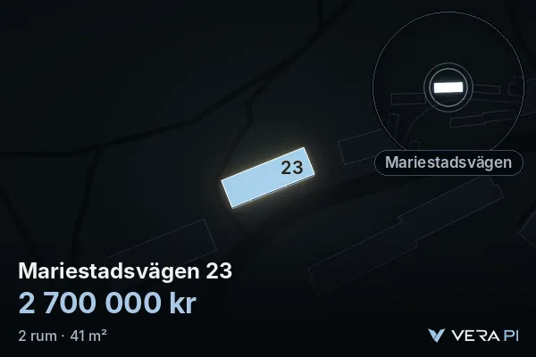 VERA PI:s bild av Mariestadsvägen 23: huset i 3D, upplyst i blått, och kartan runt omkring