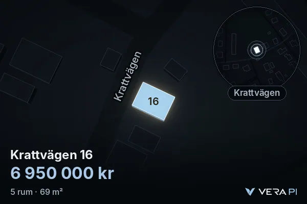 VERA PI:s bild av Krattvägen 16: huset i 3D, upplyst i blått, och kartan runt omkring