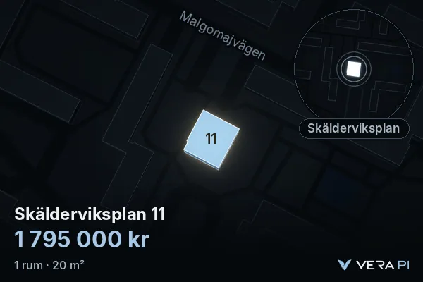 VERA PI:s bild av Skälderviksplan 11: huset i 3D, upplyst i blått, och kartan runt omkring