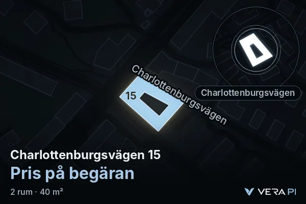 VERA PI's image of Charlottenburgsvägen 15: the building in 3D, lit in blue, and the map around it