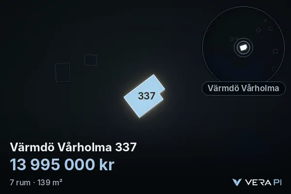 VERA PI's image of Värmdö Vårholma 337: the building in 3D, lit in blue, and the map around it