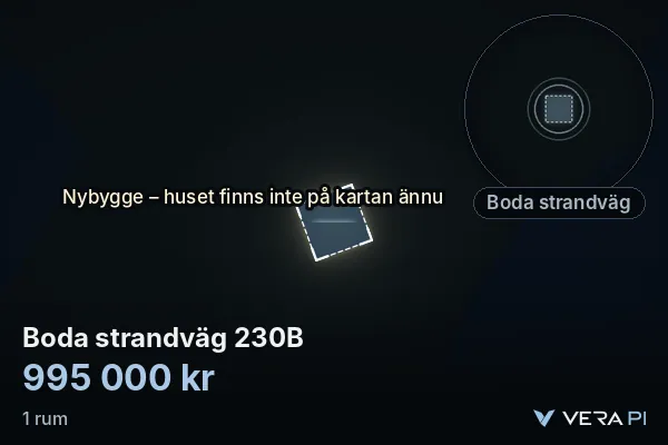 VERA PI's image of Boda strandväg 230B: the building in 3D, lit in blue, and the map around it