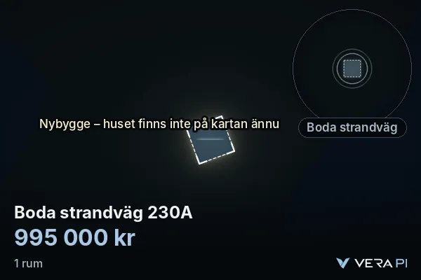 VERA PI:s bild av Boda strandväg 230A: huset i 3D, upplyst i blått, och kartan runt omkring