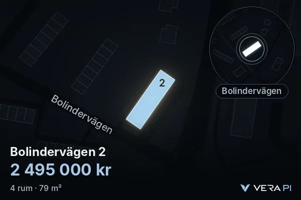 VERA PI's image of Bolindervägen 2: the building in 3D, lit in blue, and the map around it