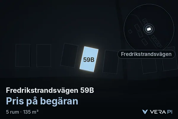VERA PI's image of Fredrikstrandsvägen 59B: the building in 3D, lit in blue, and the map around it
