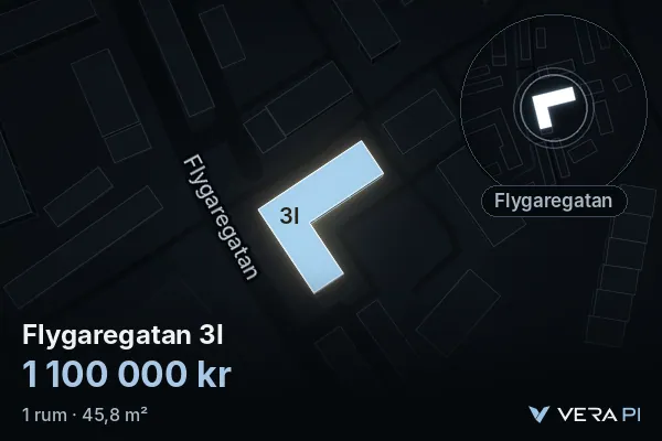 VERA PI's image of Flygaregatan 3I: the building in 3D, lit in blue, and the map around it