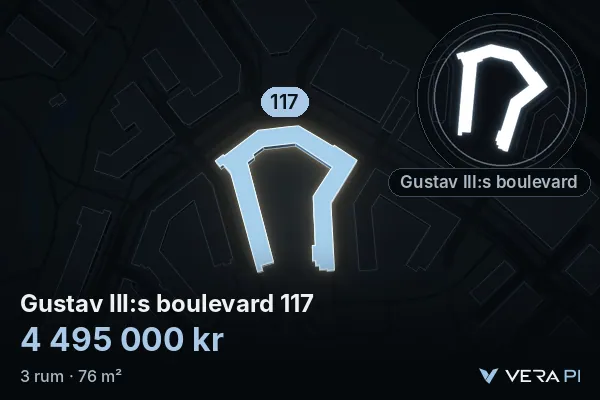 VERA PI:s bild av Gustav III:s boulevard 117: huset i 3D, upplyst i blått, och kartan runt omkring