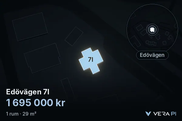 VERA PI:s bild av Edövägen 7I: huset i 3D, upplyst i blått, och kartan runt omkring