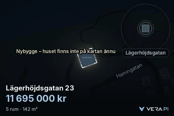 VERA PI's image of Lägerhöjdsgatan 23: the building in 3D, lit in blue, and the map around it