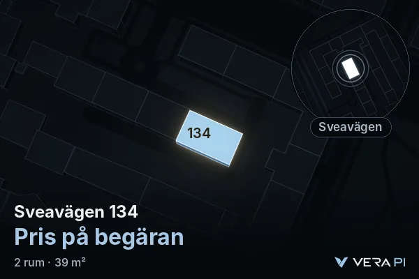 VERA PI:s bild av Sveavägen 134: huset i 3D, upplyst i blått, och kartan runt omkring