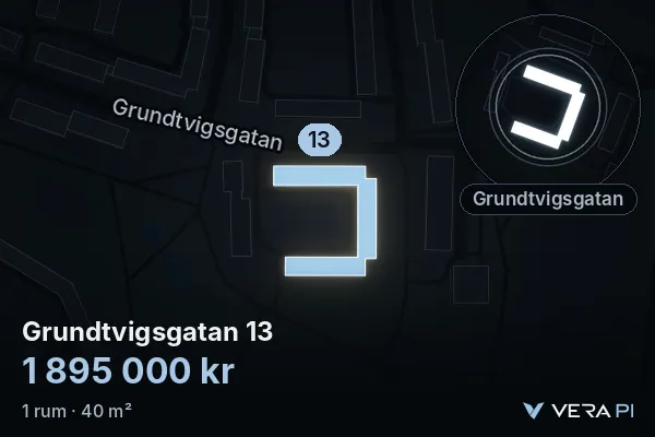 VERA PI:s bild av Grundtvigsgatan 13: huset i 3D, upplyst i blått, och kartan runt omkring