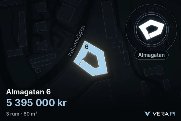 VERA PI's image of Almagatan 6: the building in 3D, lit in blue, and the map around it