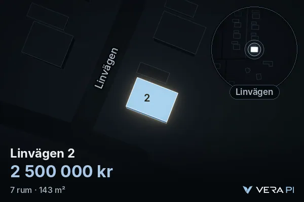 VERA PI:s bild av Linvägen 2: huset i 3D, upplyst i blått, och kartan runt omkring