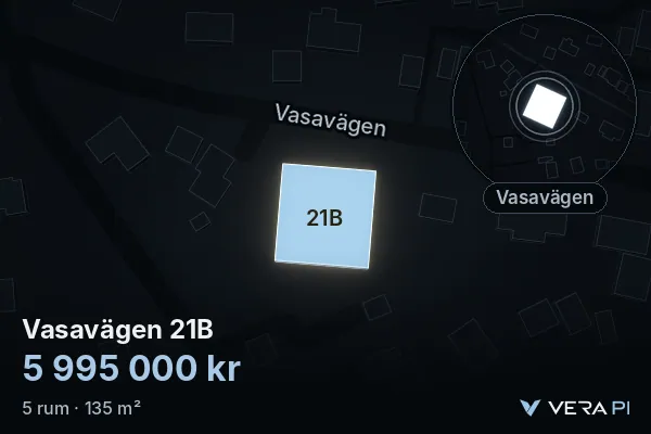 VERA PI:s bild av Vasavägen 21B: huset i 3D, upplyst i blått, och kartan runt omkring