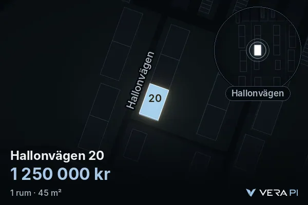 VERA PI:s bild av Hallonvägen 20: huset i 3D, upplyst i blått, och kartan runt omkring