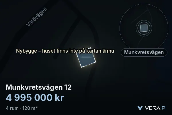 VERA PI's image of Munkvretsvägen 12: the building in 3D, lit in blue, and the map around it