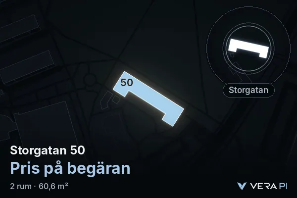VERA PI:s bild av Storgatan 50: huset i 3D, upplyst i blått, och kartan runt omkring