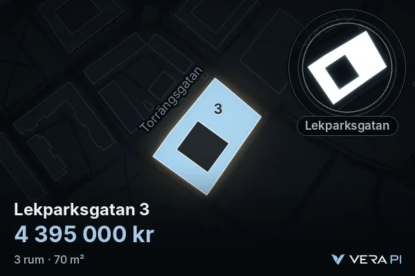 VERA PI's image of Lekparksgatan 3: the building in 3D, lit in blue, and the map around it