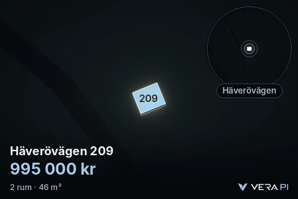 VERA PI's image of Häverövägen 209: the building in 3D, lit in blue, and the map around it