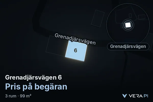 VERA PI's image of Grenadjärsvägen 6: the building in 3D, lit in blue, and the map around it