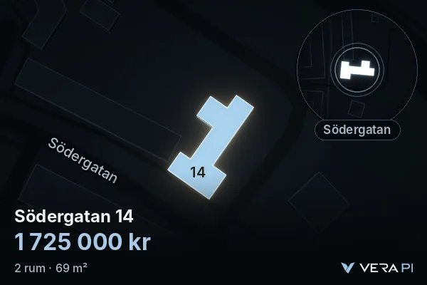 VERA PI's image of Södergatan 14: the building in 3D, lit in blue, and the map around it
