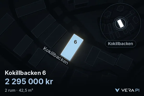 VERA PI:s bild av Kokillbacken 6: huset i 3D, upplyst i blått, och kartan runt omkring
