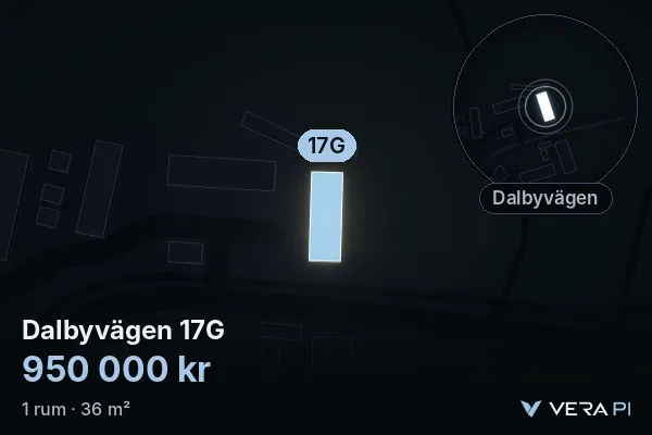 VERA PI's image of Dalbyvägen 17G: the building in 3D, lit in blue, and the map around it