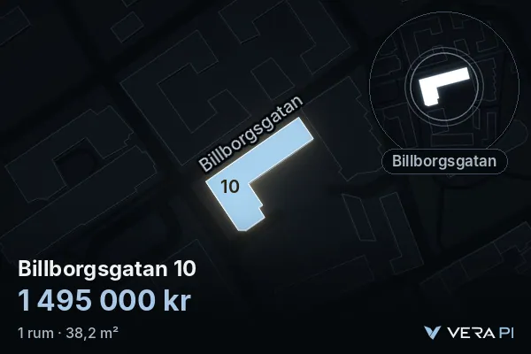 VERA PI:s bild av Billborgsgatan 10: huset i 3D, upplyst i blått, och kartan runt omkring