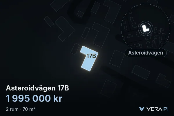 VERA PI:s bild av Asteroidvägen 17B: huset i 3D, upplyst i blått, och kartan runt omkring