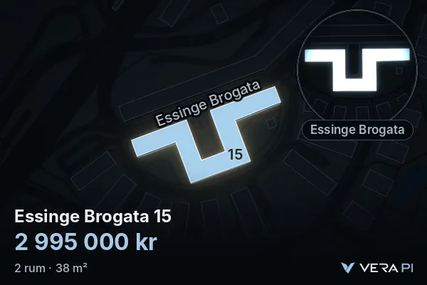 VERA PI:s bild av Essinge Brogata 15: huset i 3D, upplyst i blått, och kartan runt omkring