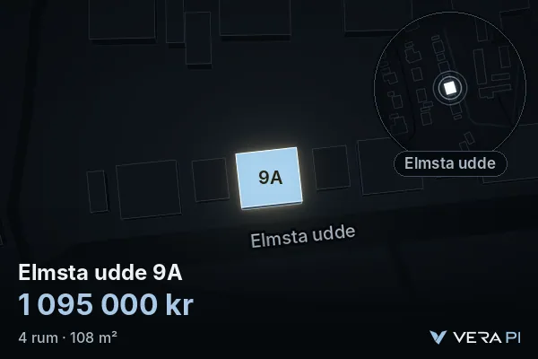 VERA PI:s bild av Elmsta udde 9A: huset i 3D, upplyst i blått, och kartan runt omkring
