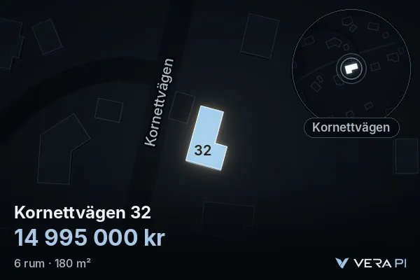 VERA PI:s bild av Kornettvägen 32: huset i 3D, upplyst i blått, och kartan runt omkring