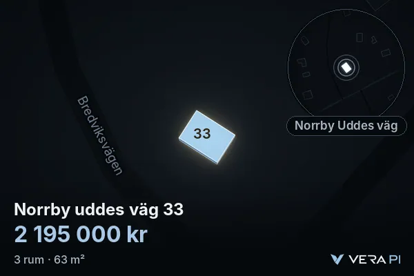 VERA PI's image of Norrby uddes väg 33: the building in 3D, lit in blue, and the map around it